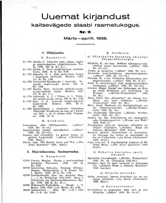 Uuemat Kirjandust Kaitsevägede Staabi raamatukogus ; 2 1936