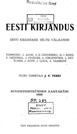 Eesti Kirjandus ; sisukord 1922