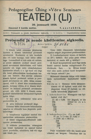 Pedagoogiline Ühing "Võru Seminar" : teated ; I (LI) 1938-01-20