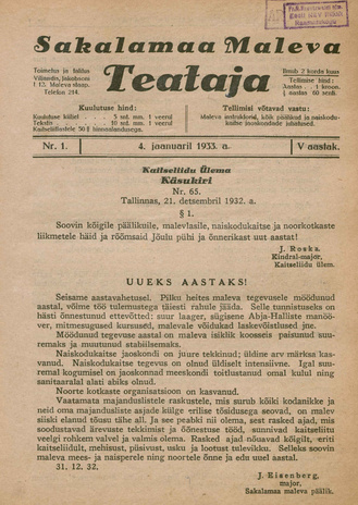 Sakalamaa Maleva Teataja ; 1 1933-01-04
