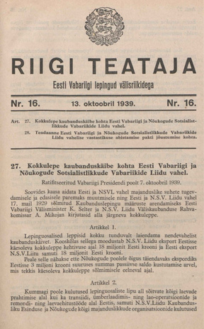 Riigi Teataja. Eesti Vabariigi lepingud välisriikidega ; 16 1939-10-13