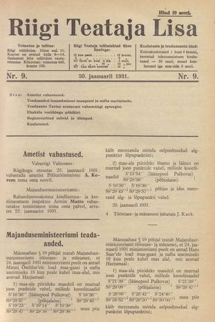 Riigi Teataja Lisa : seaduste alustel avaldatud teadaanded ; 9 1931-01-30