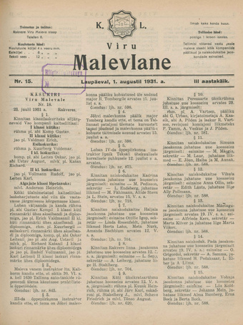 K. L. Viru Malevlane ; 15 1931-08-01