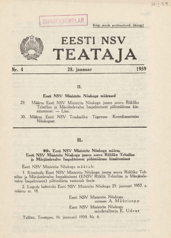 Eesti NSV Teataja = Ведомости Эстонской ССР ; 4 1959-01-28