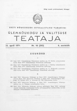 Eesti Nõukogude Sotsialistliku Vabariigi Ülemnõukogu ja Valitsuse Teataja ; 16 (283) 1971-04-23