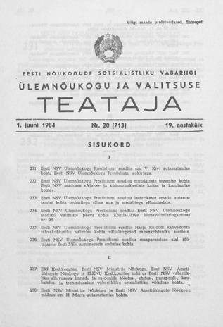 Eesti Nõukogude Sotsialistliku Vabariigi Ülemnõukogu ja Valitsuse Teataja ; 20 (713) 1984-06-01