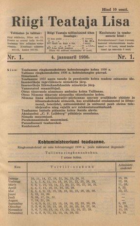 Riigi Teataja Lisa : seaduste alustel avaldatud teadaanded ; 1 1936-01-04