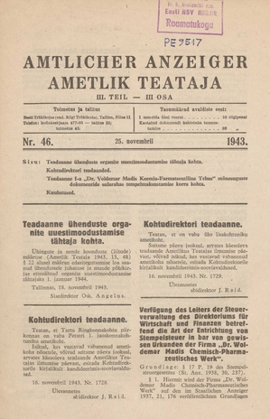 Ametlik Teataja. III osa = Amtlicher Anzeiger. III Teil ; 46 1943-11-25