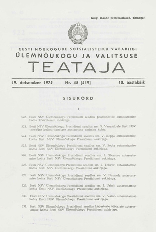 Eesti Nõukogude Sotsialistliku Vabariigi Ülemnõukogu ja Valitsuse Teataja ; 45 (519) 1975-12-19