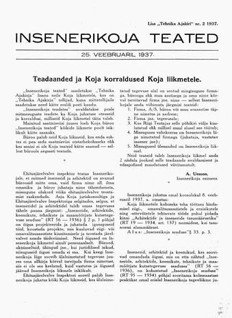 Insenerikoja Teated : ajakiri ; 2 1937-02-25