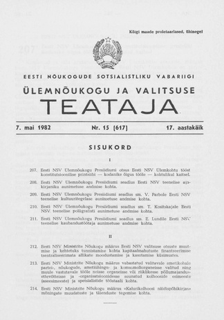 Eesti Nõukogude Sotsialistliku Vabariigi Ülemnõukogu ja Valitsuse Teataja ; 15 (617) 1982-05-07
