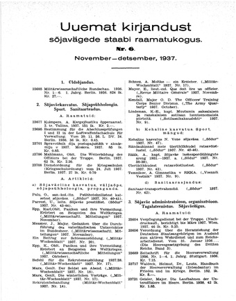 Uuemat Kirjandust Kaitsevägede Staabi raamatukogus ; 6 1937