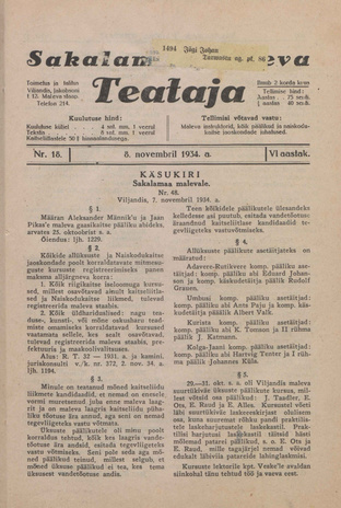 Sakalamaa Maleva Teataja ; 18 1934-11-08
