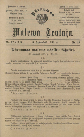 Pärnumaa Maleva Teataja ; 17 (111) 1933-09-05