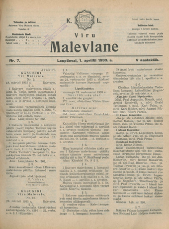 K. L. Viru Malevlane ; 7 1933-04-01