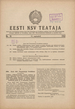 Eesti NSV Teataja ; 31 1945-09-13