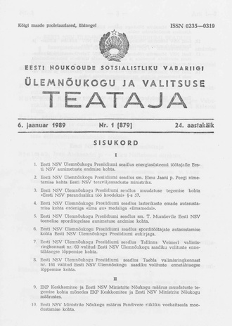 Eesti Nõukogude Sotsialistliku Vabariigi Ülemnõukogu ja Valitsuse Teataja ; 1 (879) 1989-01-06