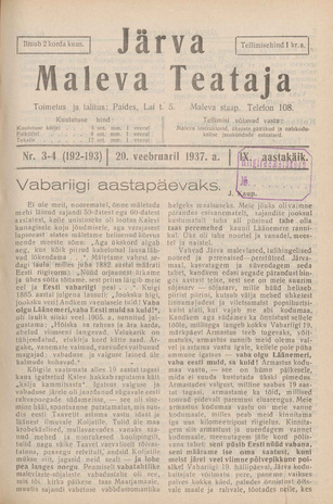 Järva Maleva Teataja ; 3-4 (192-193) 1937-02-20