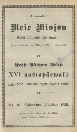 Meie Misjon : Eesti läkitustöö häälekandja ; 10 1935-10