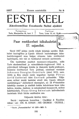 Eesti Keel ; 8 1927