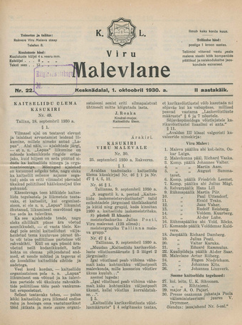 K. L. Viru Malevlane ; 22 1930-10-01