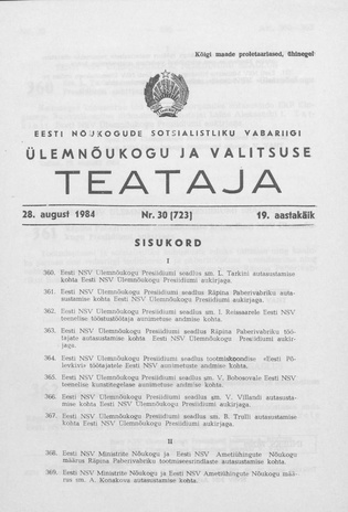 Eesti Nõukogude Sotsialistliku Vabariigi Ülemnõukogu ja Valitsuse Teataja ; 30 (723) 1984-08-28