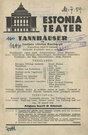 Tannhäuser, ehk, Lauljate võistlus Wartburgis : romantiline ooper 3 vaatuses : Richard Wagner'i tekst ja muusika : [kava]
