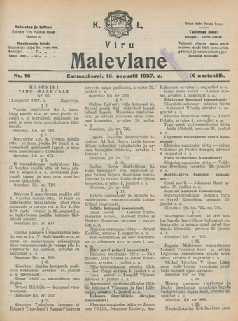 K. L. Viru Malevlane ; 16 1937-08-16