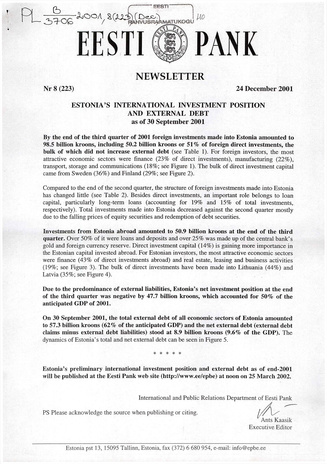 Eesti Pank : newsletter ; 8 (223) 2001-12-24