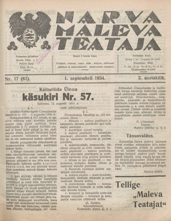 Narva Maleva Teataja ; 17 (62) 1934-09-01