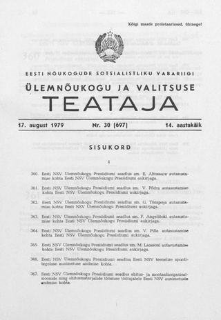 Eesti Nõukogude Sotsialistliku Vabariigi Ülemnõukogu ja Valitsuse Teataja ; 30 (697) 1979-08-17
