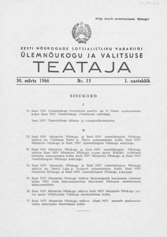 Eesti Nõukogude Sotsialistliku Vabariigi Ülemnõukogu ja Valitsuse Teataja ; 13 1966-03-30