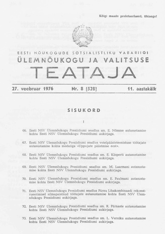 Eesti Nõukogude Sotsialistliku Vabariigi Ülemnõukogu ja Valitsuse Teataja ; 8 (528) 1976-02-27