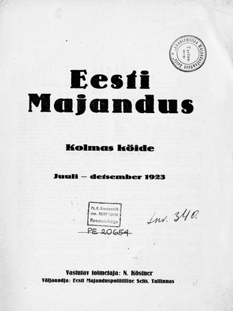 Eesti Majandus ; 1923 : sisukord (juuli - detsember)