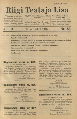 Riigi Teataja Lisa : seaduste alustel avaldatud teadaanded ; 83 1934-11-02