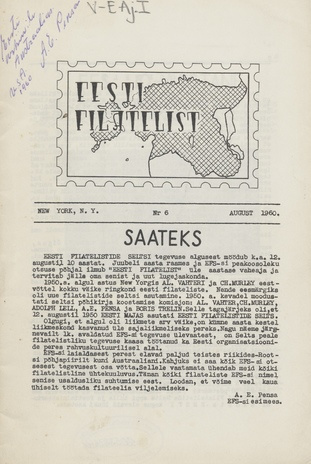 Eesti filatelist = The Estonian philatelist ; 6 1960