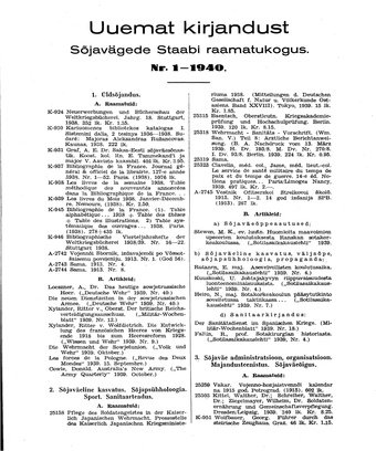 Uuemat Kirjandust Kaitsevägede Staabi raamatukogus ; 1 1940