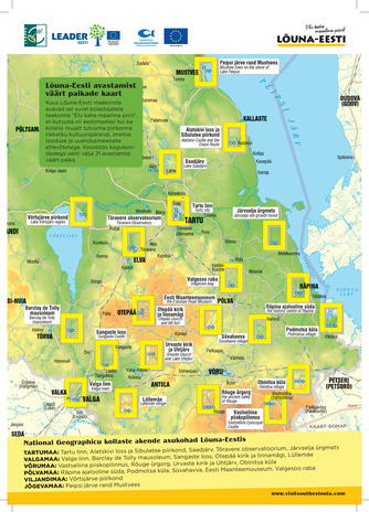 Lõuna-Eesti avastamist väärt paikade kaart : National Geographicu kollaste akende asukohad Lõuna-Eestis 