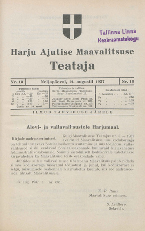 Harju Maavalitsuse Teataja ; 10 1937-08-19