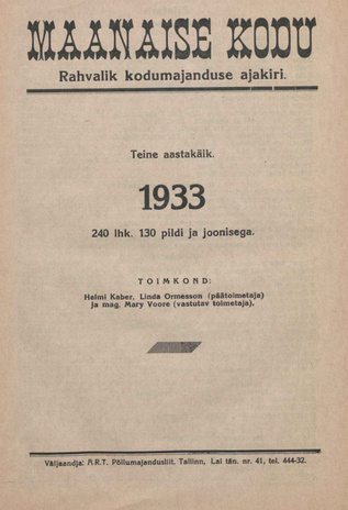 Maanaise Kodu : rahvalik kodumajanduse ajakiri ; sisukord 1933