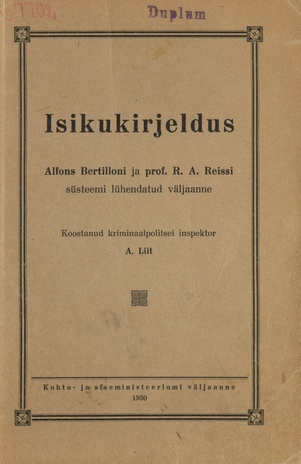 Isikukirjeldus : Alphons Bertilloni ja prof R. A. Reissi süsteemi lühendatud väljaanne