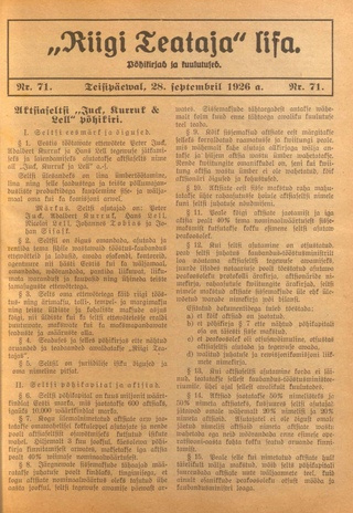 Riigi Teataja Lisa : seaduste alustel avaldatud teadaanded ; 71 1926-09-28