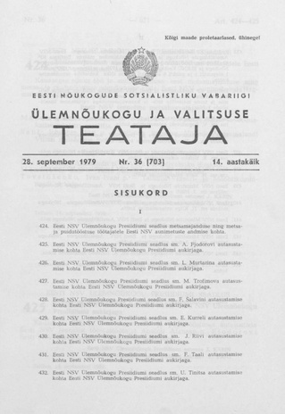 Eesti Nõukogude Sotsialistliku Vabariigi Ülemnõukogu ja Valitsuse Teataja ; 36 (703) 1979-09-28