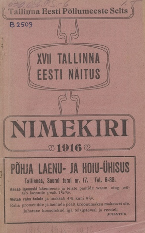 Tallinna Eesti põllutöö, käsitöö ja tööstuse näitus : XVII näituse nimekiri 1916. a.