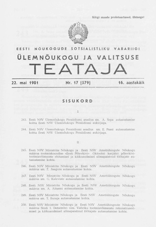 Eesti Nõukogude Sotsialistliku Vabariigi Ülemnõukogu ja Valitsuse Teataja ; 17 (579) 1981-05-22