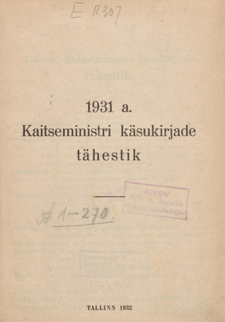 1931. a. kaitseministri käsukirjade tähestik