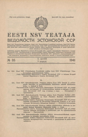 Eesti NSV Teataja = Ведомости Эстонской ССР ; 35 1941-04-02