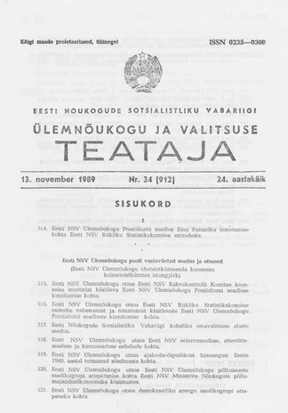 Eesti Nõukogude Sotsialistliku Vabariigi Ülemnõukogu ja Valitsuse Teataja ; 34 (912) 1989-11-13