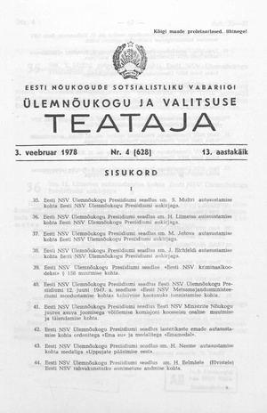 Eesti Nõukogude Sotsialistliku Vabariigi Ülemnõukogu ja Valitsuse Teataja ; 4 (628) 1978-02-03