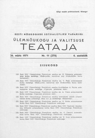Eesti Nõukogude Sotsialistliku Vabariigi Ülemnõukogu ja Valitsuse Teataja ; 11 (278) 1971-03-26